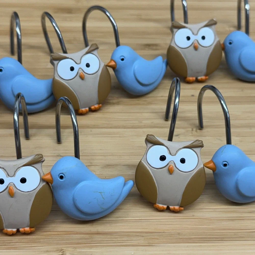 Owl and Blue Bird Shower Curtain Hooks Set of 12‎ Woodland Resin Kids Bathroom